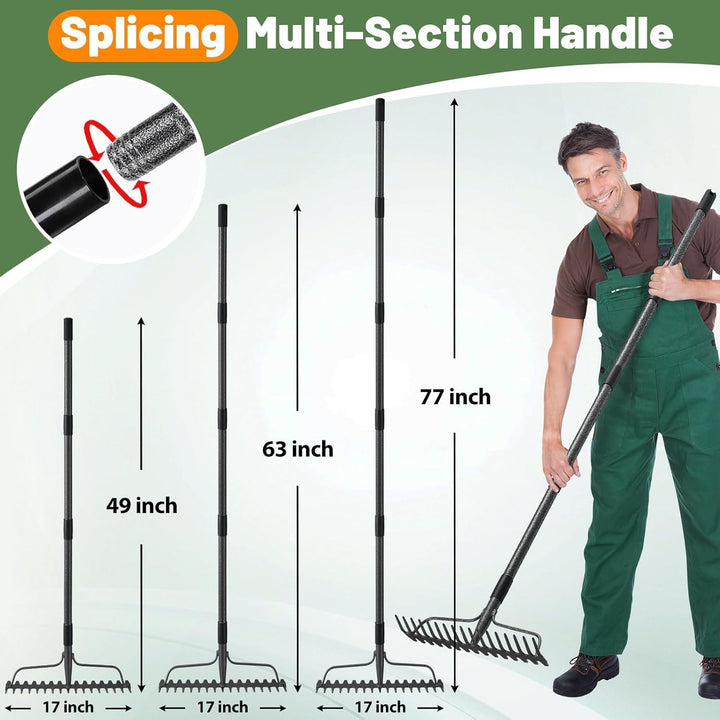 Gartenrechen 190 cm - Robuste Metall Gartenharke mit Stiel und 17 Zinken für Rasen, Laub & Boden | R
