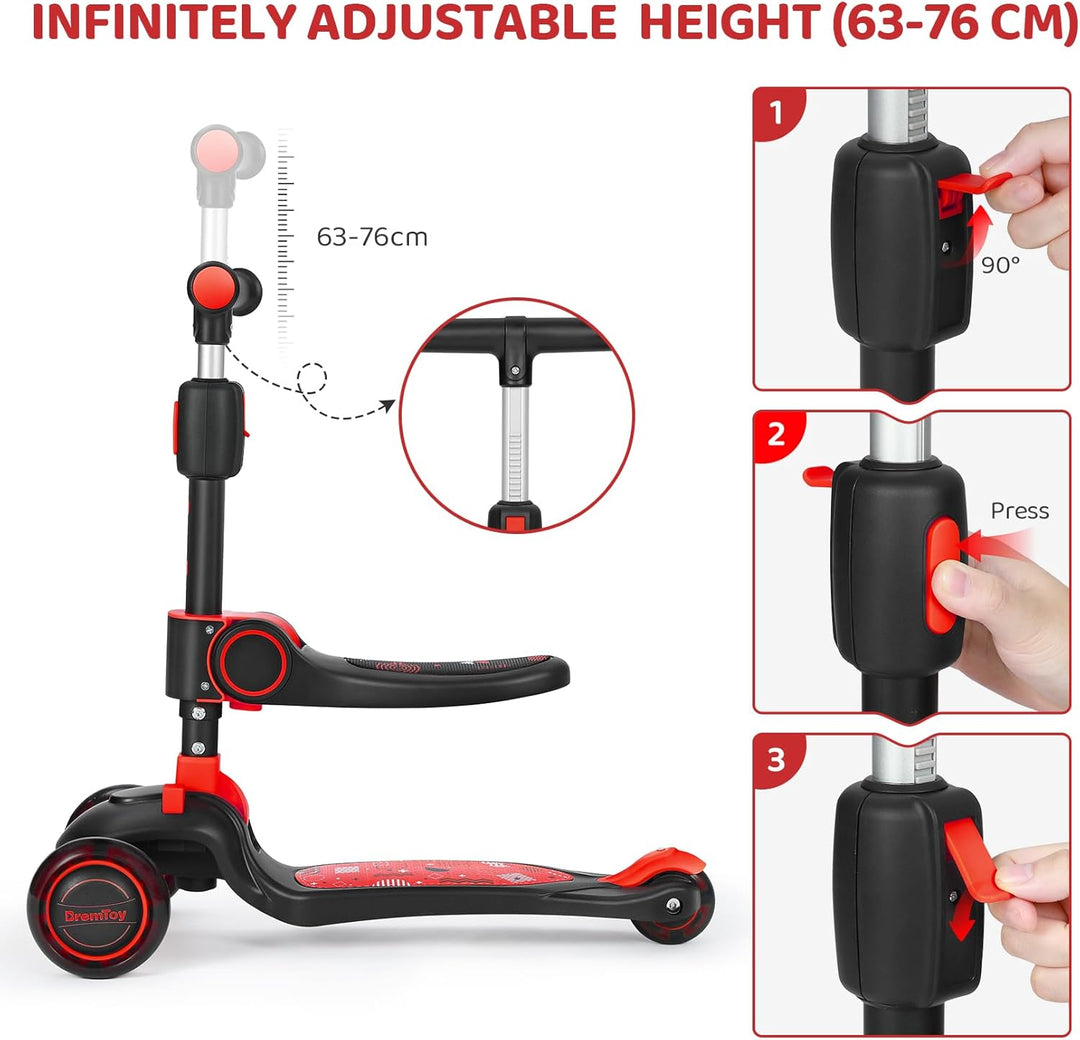 BremToy Kinderroller mit Sitz, Tretroller mit LED Rädern, Kinder Scooter mit Höhenverstellbarem Lenk