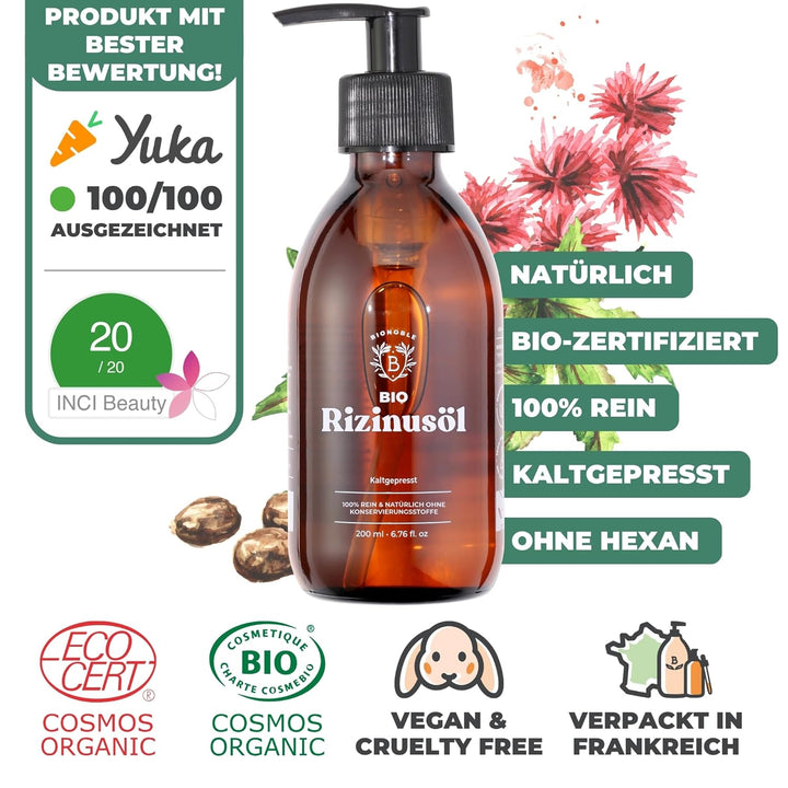 Bionoble Rizinusöl Bio 200ml - 100% Rein, Natürlich und Kaltgepresst - Wimpern, Augenbrauen, Haare,