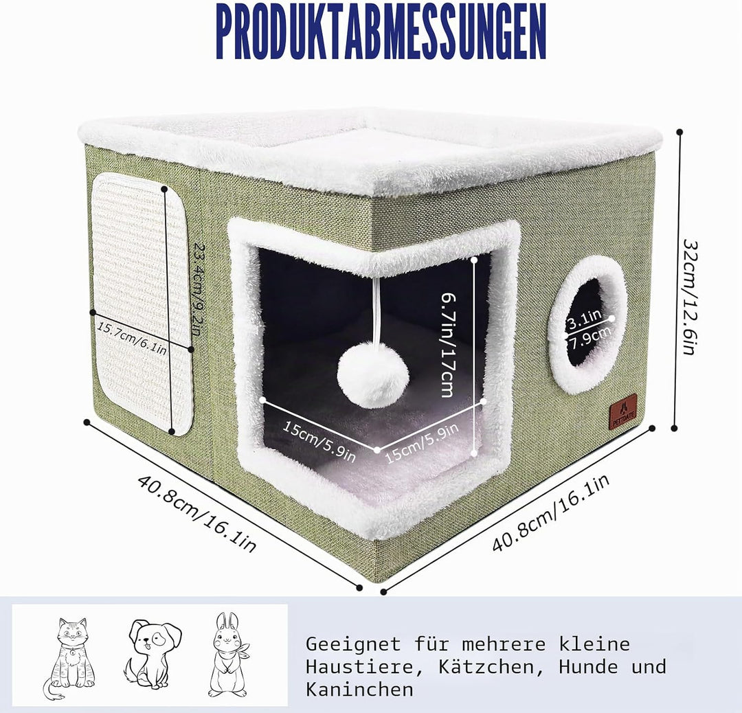 Katzenbetten für Indoor-Katzen, grosses Katzenhöhlenbett mit Kratzunterlage und flauschigem Ball, fa
