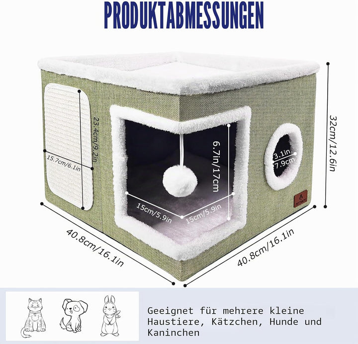 Katzenbetten für Indoor-Katzen, grosses Katzenhöhlenbett mit Kratzunterlage und flauschigem Ball, fa