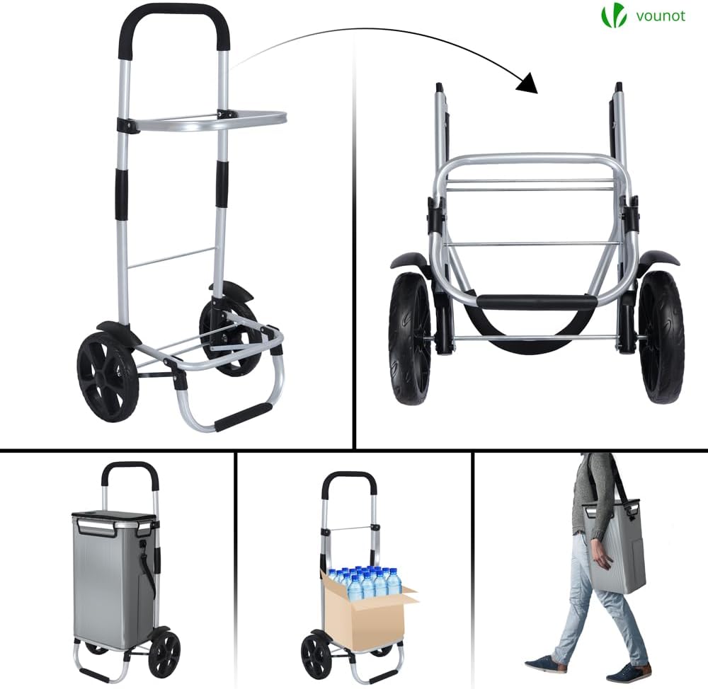 VOUNOT Einkaufstrolley Klappbar aus Aluminium mit 50L Wasserdichter Tasche und Kühlfach, 2 Extra gro