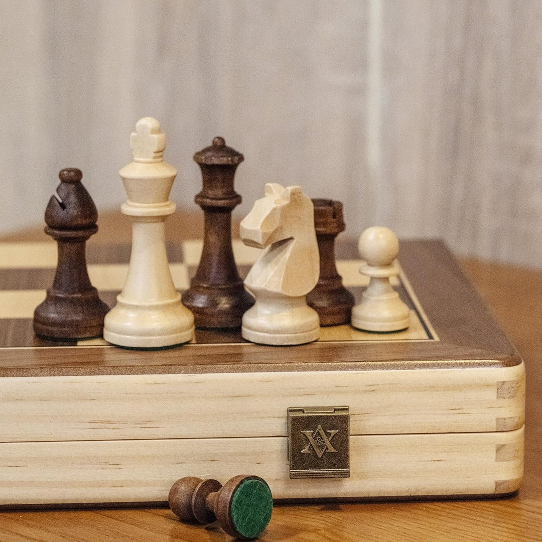 A&A Wooden Chess Set, 2 in 1, 15" Folding Board, 3" King Height German Knight Staunton Chess Pieces/