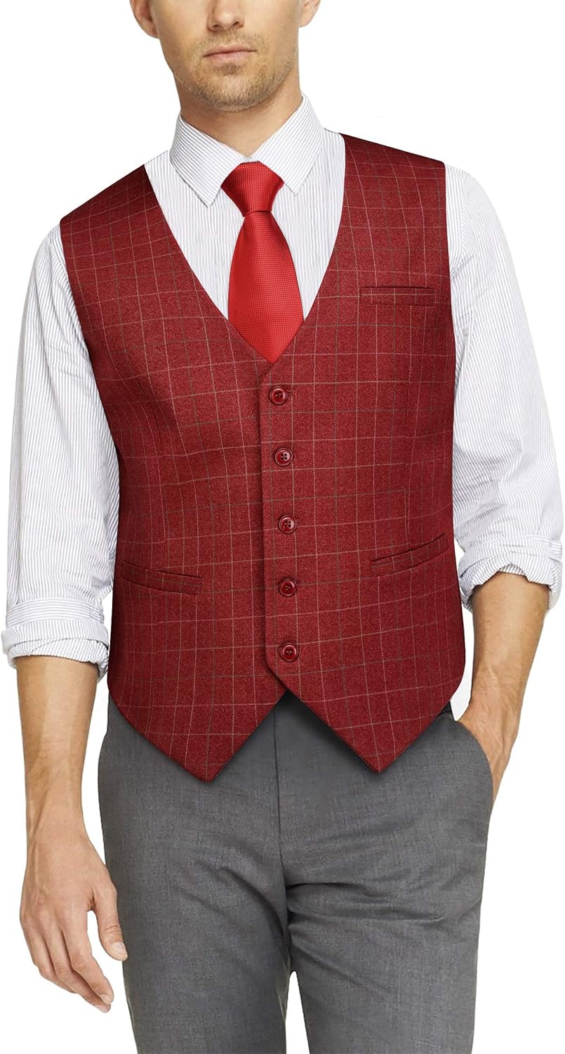 HISDERN Manner Formale Hochzeitsfeier Weste Baumwolle Plaid Kleid Anzug Weste für Herren Burgund XS,
