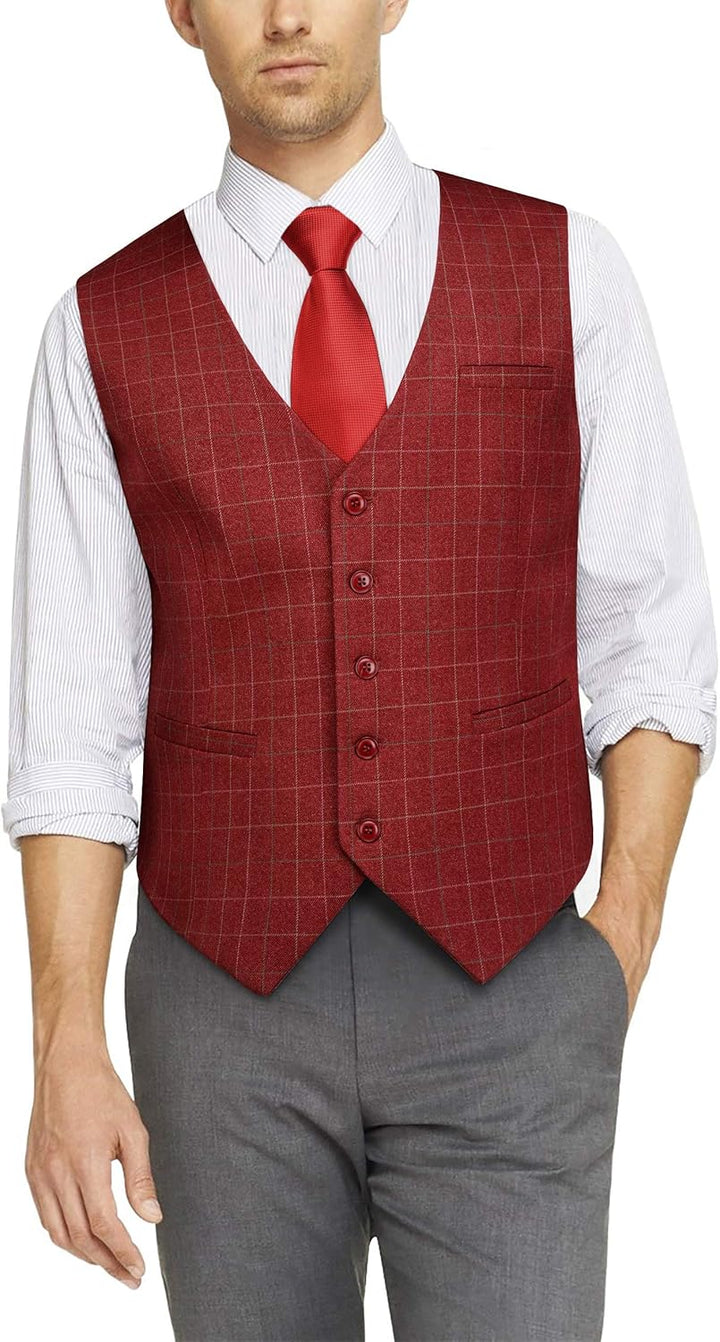 HISDERN Manner Formale Hochzeitsfeier Weste Baumwolle Plaid Kleid Anzug Weste für Herren Burgund XS,