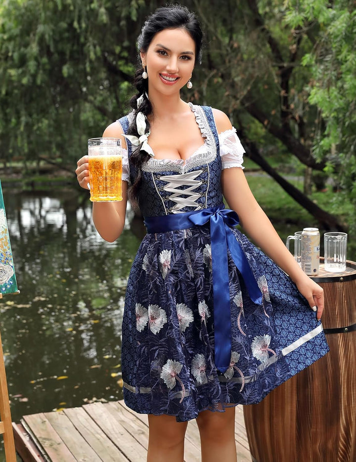 Clearlove Damen Dirndl midi 3tlg.Trachtenkleid für Oktoberfest,Karneval,DREI Teilig: Kleid, Bluse, S
