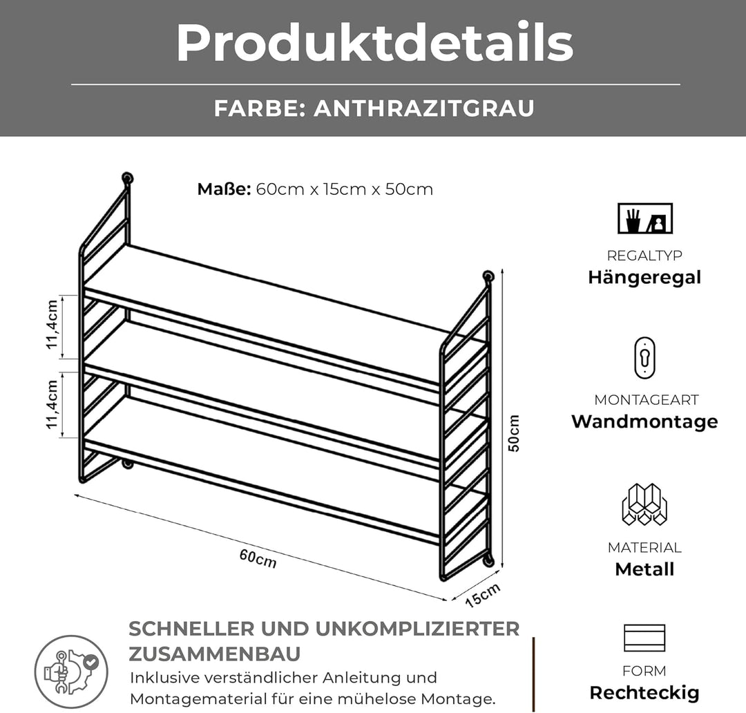 [en.casa] Modulares Wandregal Strängnäs Metallregal Anthrazit Hängeregal mit 3 Regalböden Badregal K