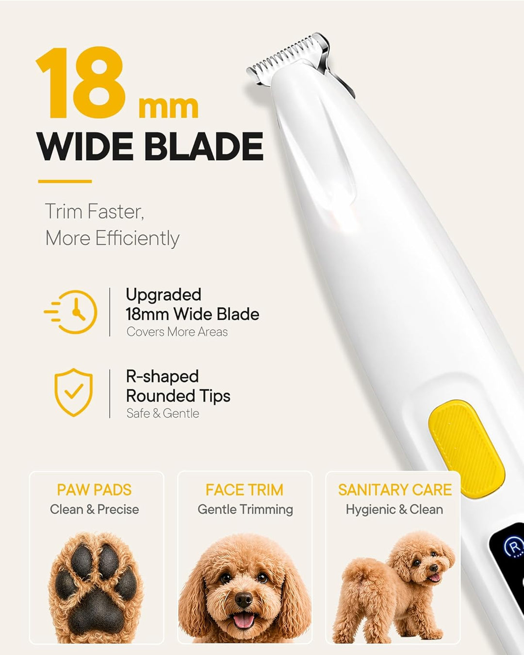 Pfotentrimmer für Hunde & Katzen mit LED-Licht – 18 mm breite Klinge, 35 dB leise, LED-Anzeige, wass