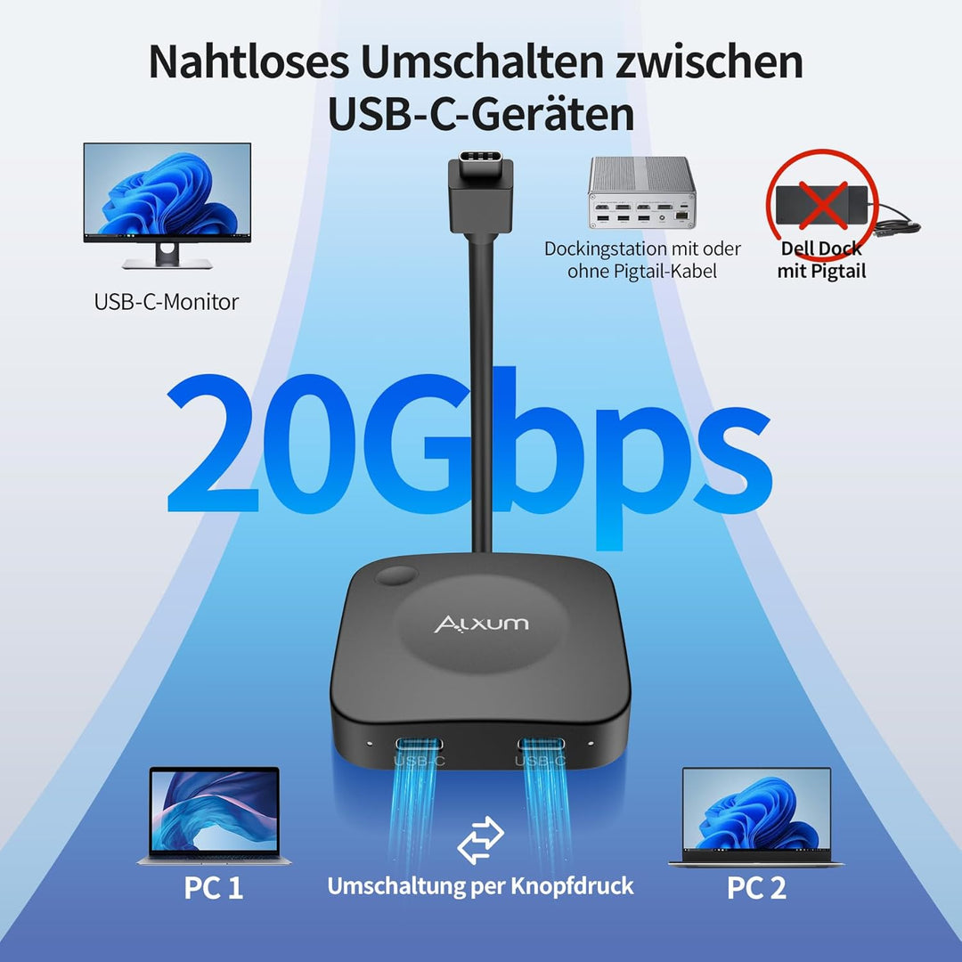 Alxum 20Gbps USB-C Switch für 2 Computer, 2 in 1 Out, 8K@30Hz / 4K@144Hz Video, 140W PD Ladefunktion