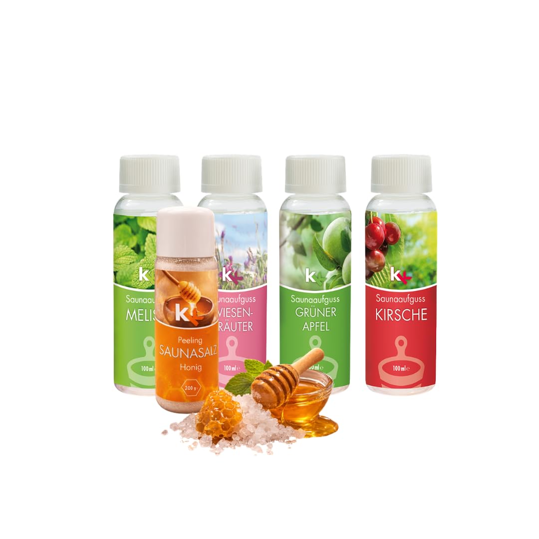 KK Sauna -Set mit Salz Peeling | KK Saunaaufgussset"Altes Land" 4 x 100 ml + 200 g KK Saunasalz"Honi