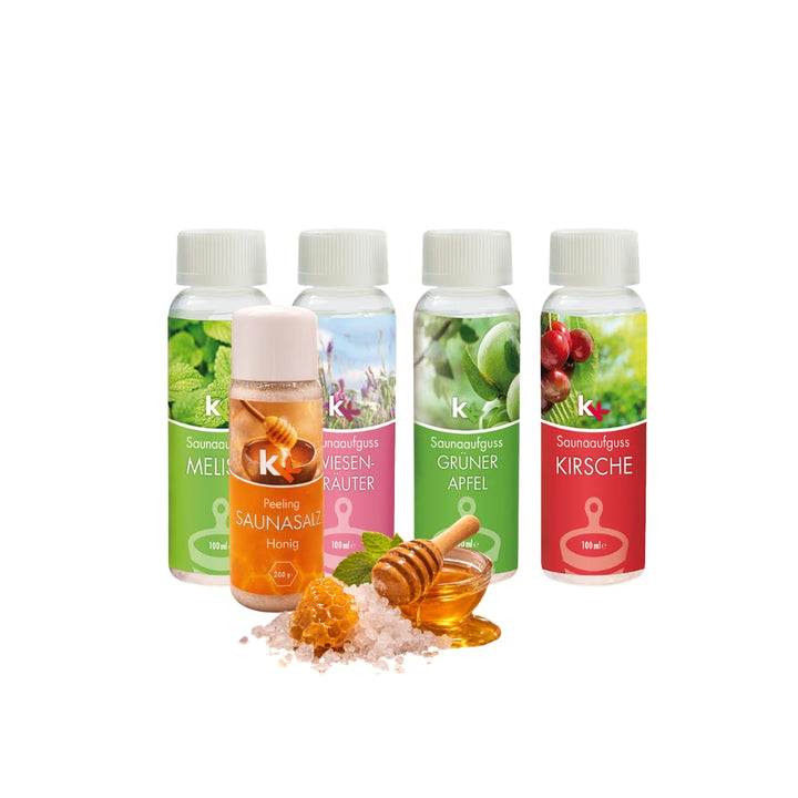 KK Sauna -Set mit Salz Peeling | KK Saunaaufgussset"Altes Land" 4 x 100 ml + 200 g KK Saunasalz"Honi
