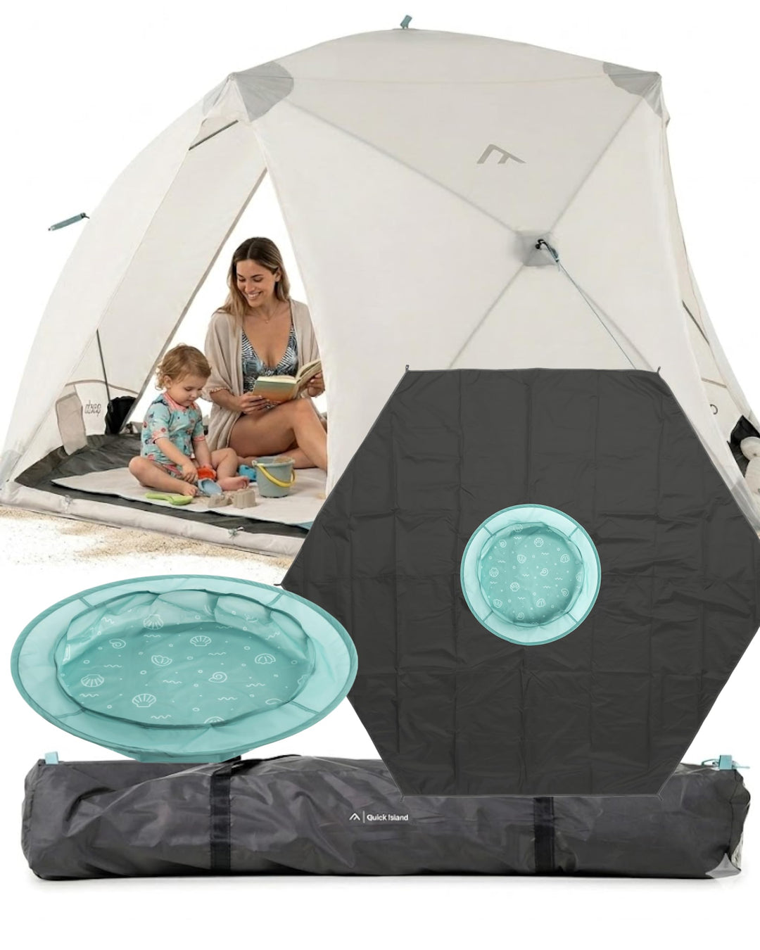 qeedo Quick Island Strandmuschel mit Pool - grosse Quick-Up Strandmuschel mit Kinderpool, Pool Floor