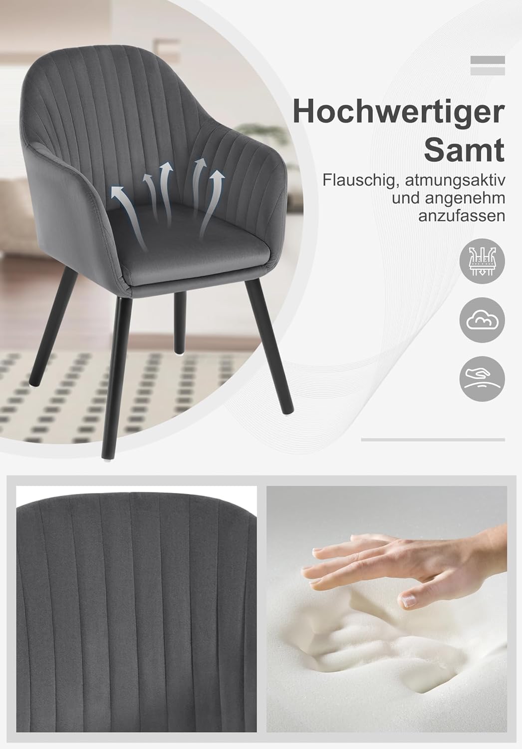 WOLTU Esszimmerstühle 2er Set, für Schlafzimmer Küche Wohnzimmer, Küchenstühle gepolstert mit Armleh