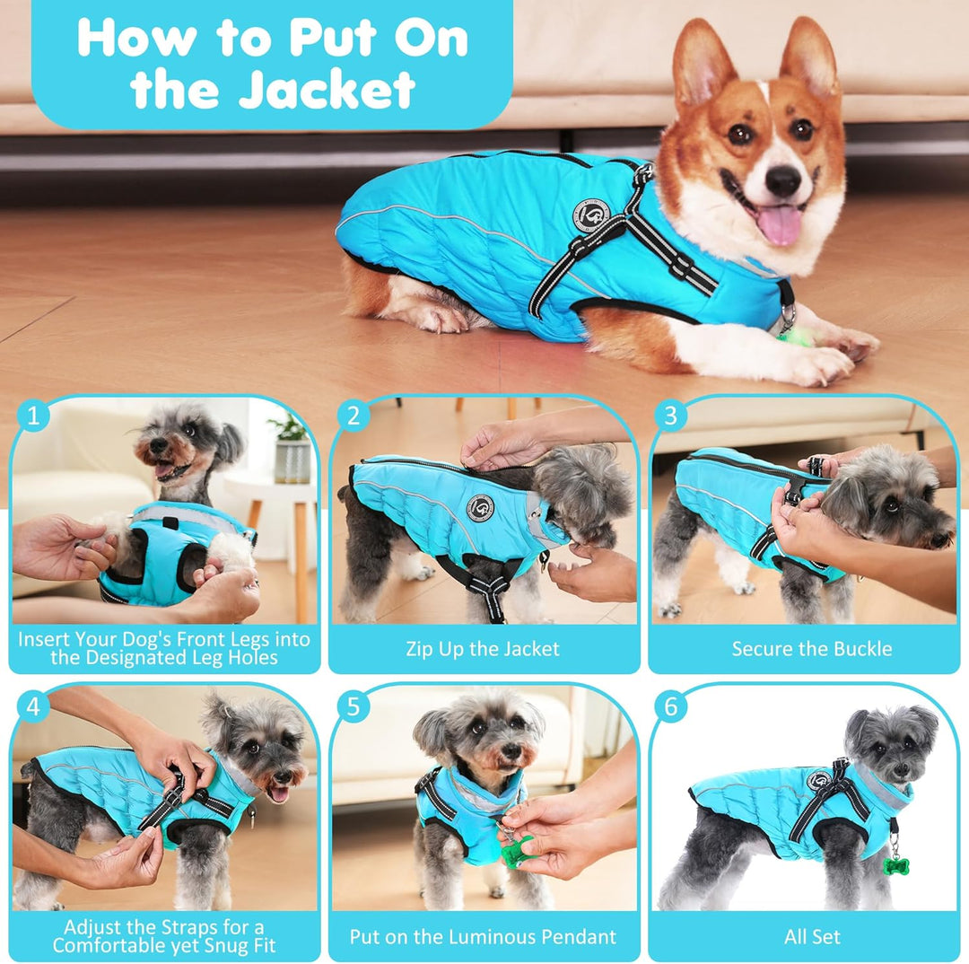 Hundemantel Winter, Hundemantel Wasserdicht, Warme Hundejacke mit Geschirr, Reflektierende Streifen,