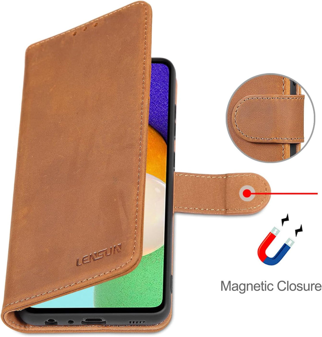 LENSUN Echtleder Hülle für Samsung Galaxy A52, A52s 5G Handyhülle [Echtes Leder] [Magnetverschluss]