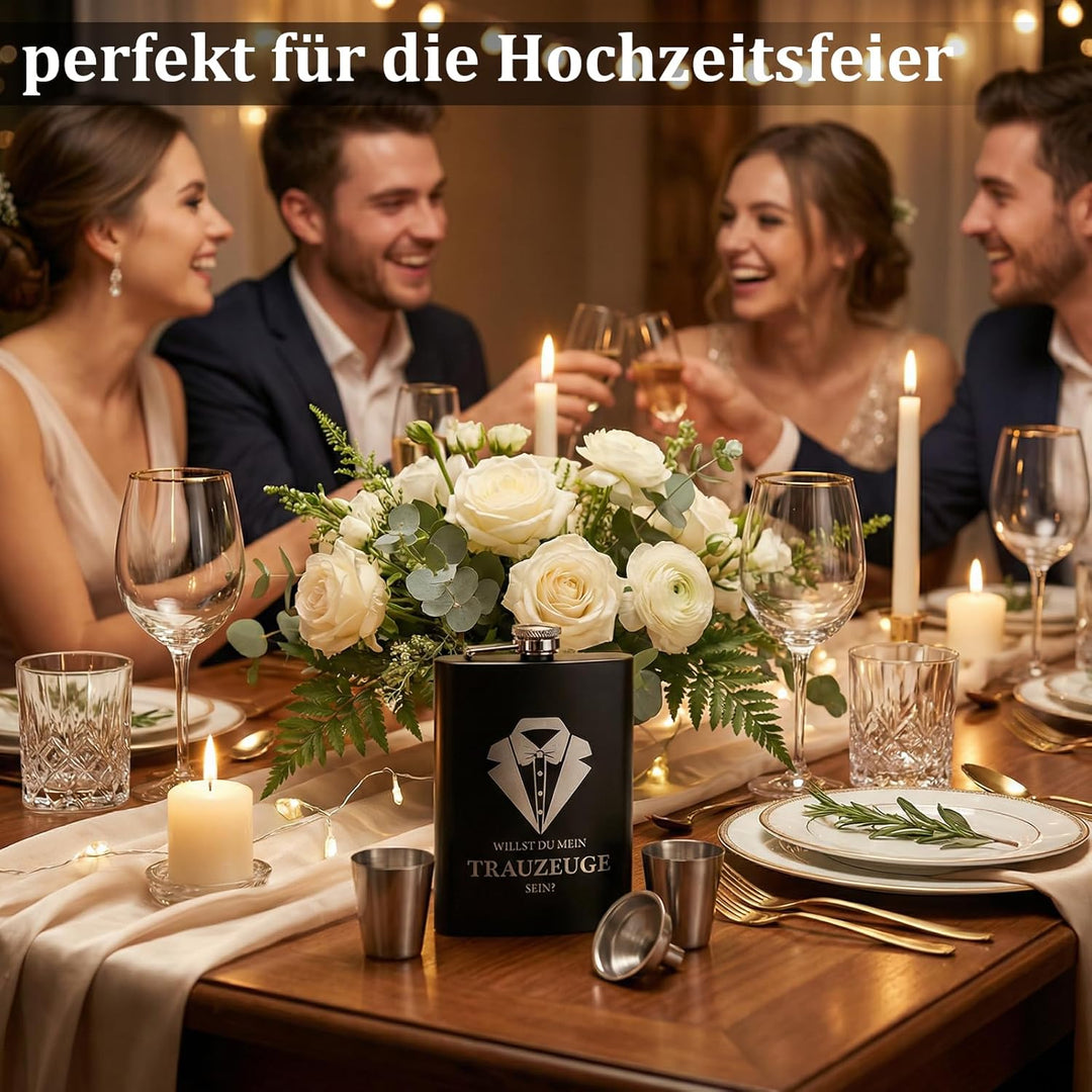 Willst Du Mein Trauzeuge Sein Flachmann Mit Gravur In Schwarz, Einzigartiges Geschenkset Mit Trinkbe