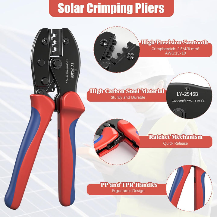 Solar Crimpzange Set für 2.5/4/6mm² PV Kabel, mit 1 MC4 Crimpzangen, 12 Paar Kabelstecker, 12 Paar M