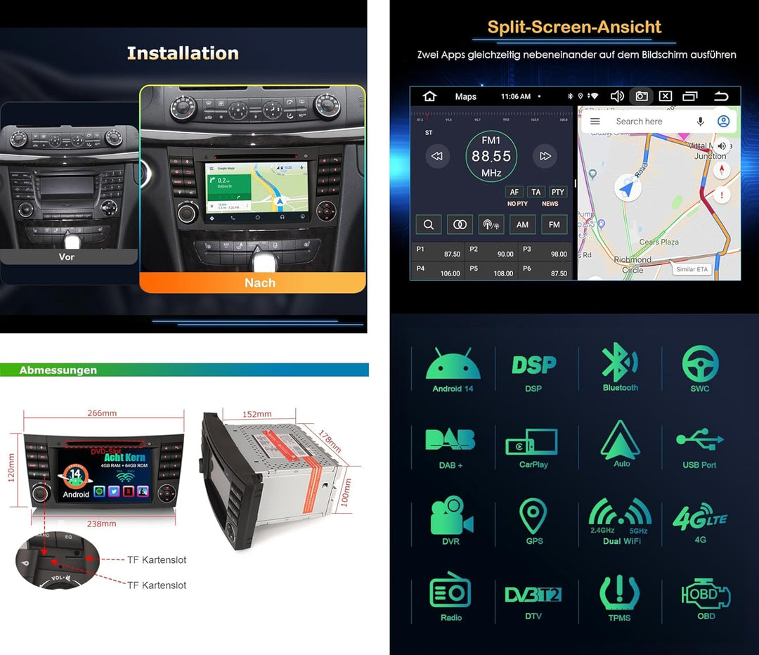 Erisin Android 14 8-Kern Autoradio Mit GPS Navi für Mercedes Benz E/CLS/G Klasse W211 W219 W463 7 Zo