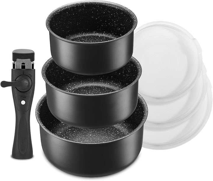 Fadware Kochtopf Set 7 tlg | 16+18+20 cm | 1 abnehmbarer Griff und 3 PE-Dichtungsdeckel | Induktion