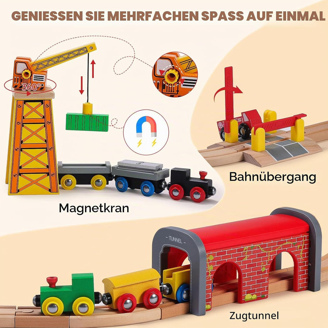 SainSmart Jr. Holzeisenbahn Set 112 Teile, Brücke &amp; Tunnel, Kompatibel Brio