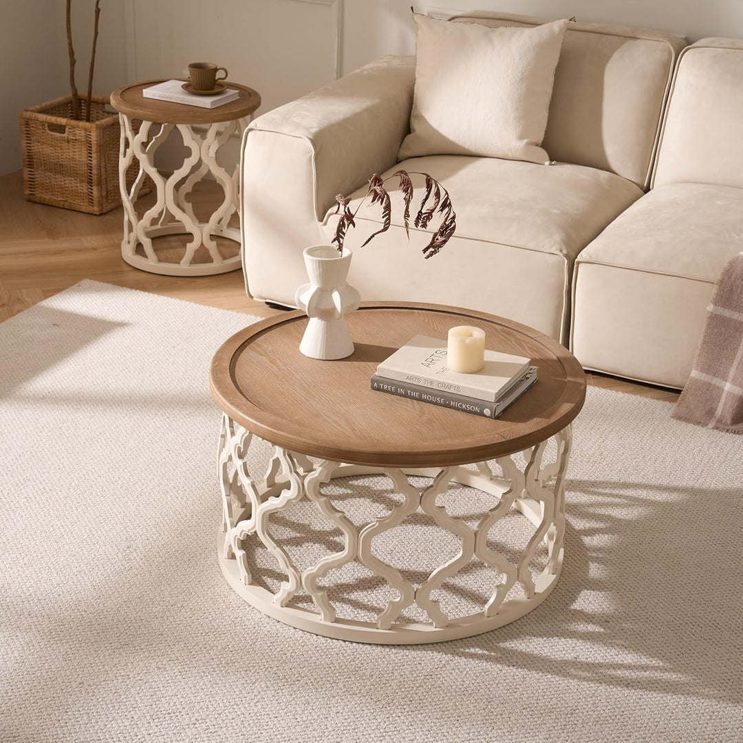 Couchtisch Rund 2er Set, Couchtisch Rund Holz mit Durchbrochenen Tischbeinen, Modern Farmhouse Ø76x4
