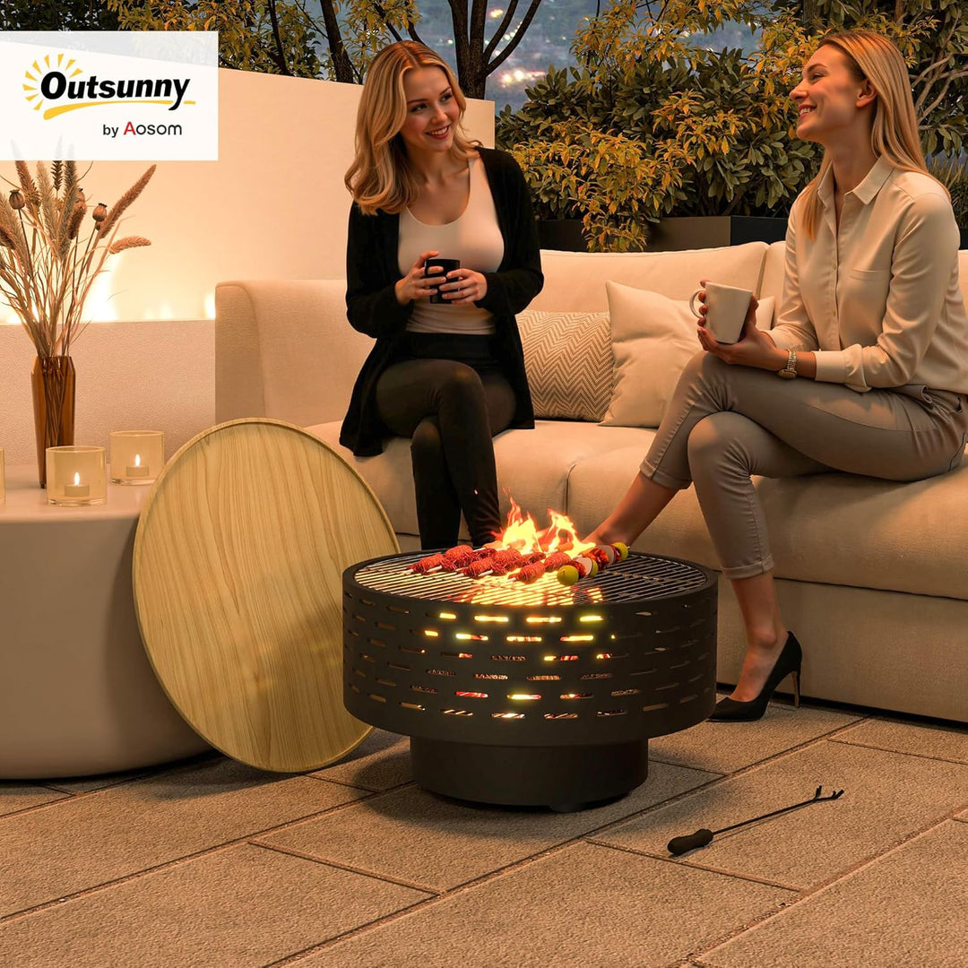 Outsunny 3-in-1 Feuerschale Ø60 x 39cm aus Edelstahl Feuerstelle mit Grillrost Schürhaken Funkenschu
