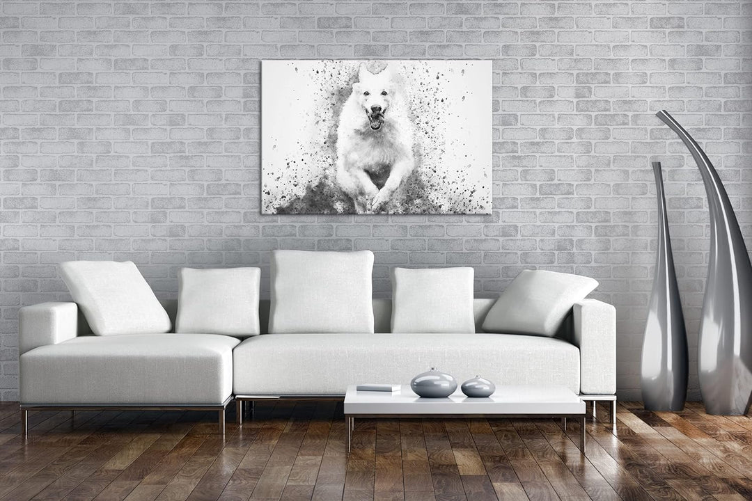 deyoli spielender Hund Format: 100x70 Effekt: Schwarz&Weiss als Leinwandbild, Motiv fertig gerahmt a