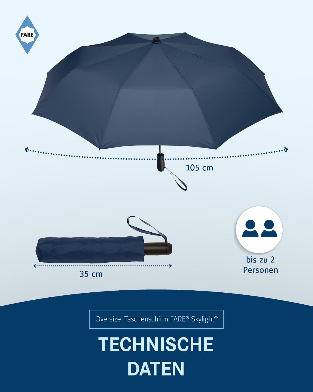 FARE Oversize-Taschenschirm Skylight (marine) - Effektvoller Regenschirm mit LED-Innenbeleuchtung un