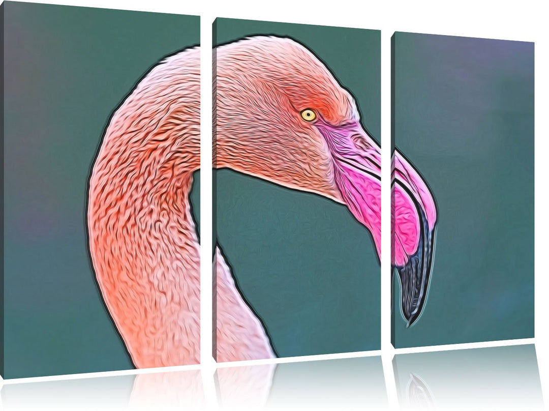 Flamingo im Seitenprofil Spezial 3-Teiler Leinwandbild 120x80 Bild auf Leinwand, XXL riesige Bilder