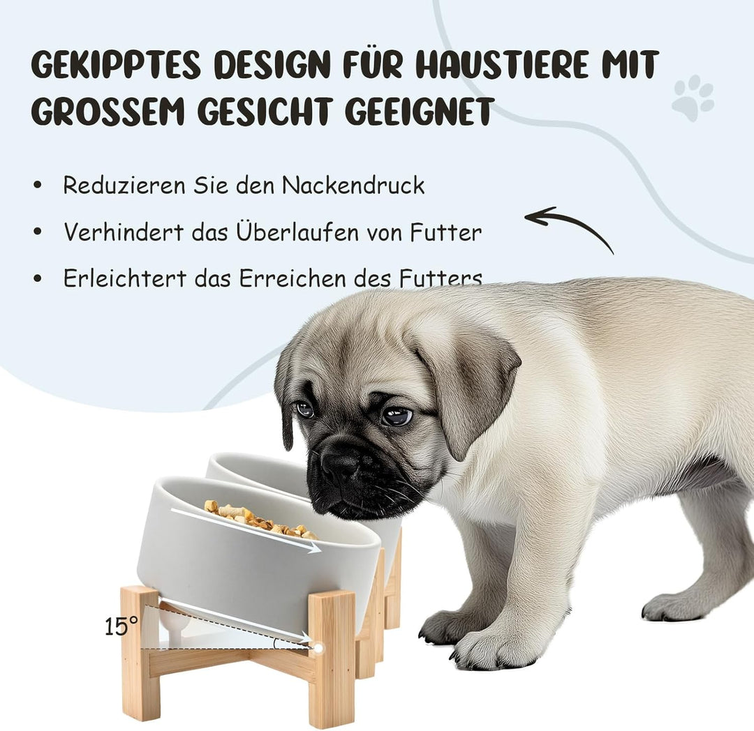 SPUNKYJUNKY 15° Kippbare Keramik Hundenapf mit Holzständer Futter und Wassernapf rutschfest für Hund
