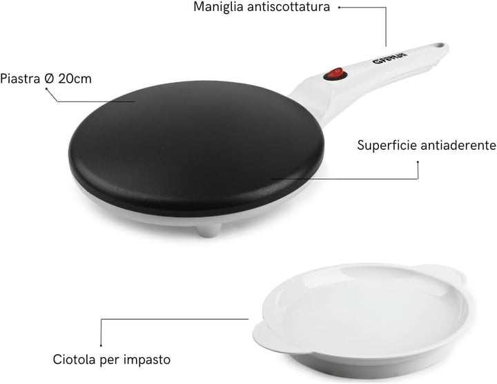 G3 Ferrari G10306 Creppe Crêpespfanne, Durchmesser 20 cm, komplett mit Schale für die Teig Schwarz /
