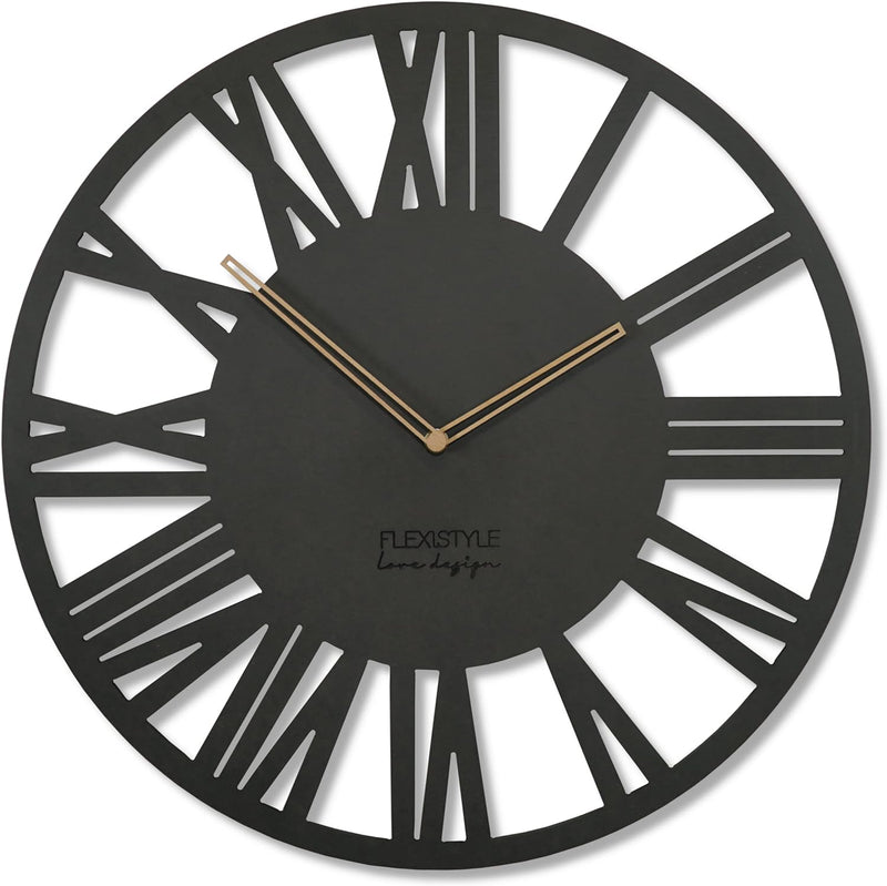 FLEXISTYLE Wanduhr gross Adulto 50cm Durchmesser LOFT Retro aus Holz Eiche ohne tickgeräusche Wohnzi