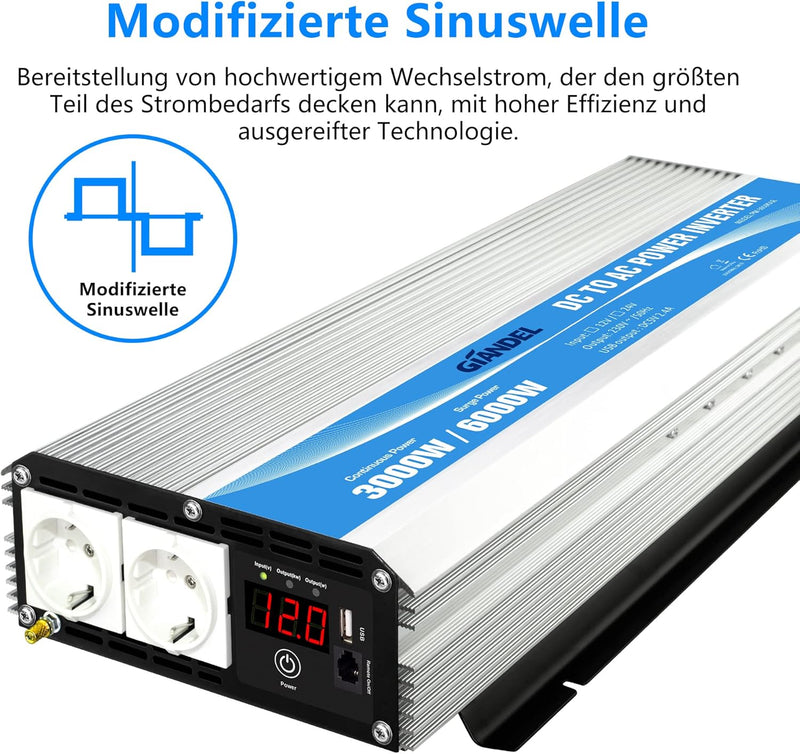 GIANDEL 3000W Modifizierter Sinus Wechselrichter 12v auf 230v Spannungswandler Power Inverter mit Fe