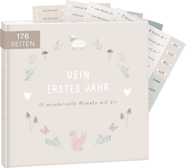 mintkind® Babyalbum "Mein erstes Lebensjahr" Wald + Sticker Set | Baby Fotoalbum zum Selbstgestalten