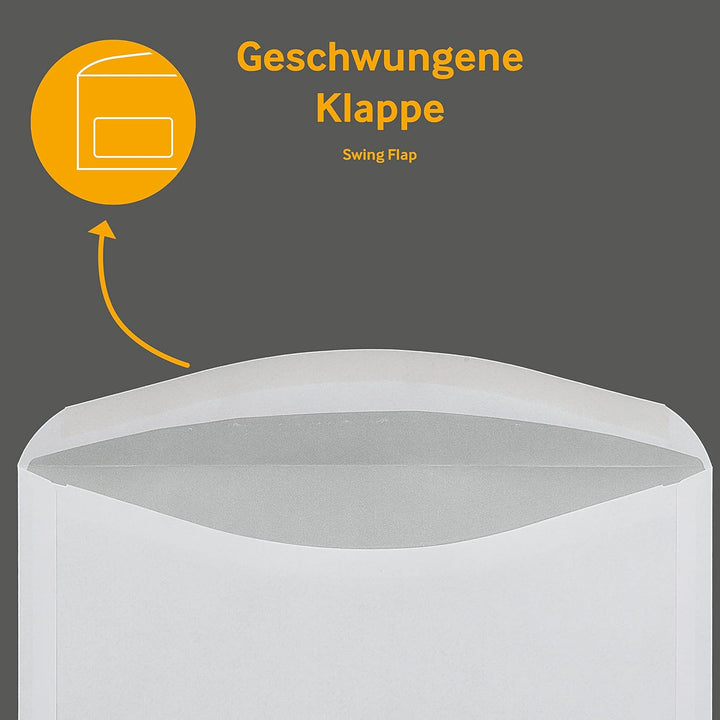 1000 Stück, Kuvertierhüllen, DIN C6/5, Nassklebung, Geschwungene Klappe, 75 g/qm Offset, Mit Fenster