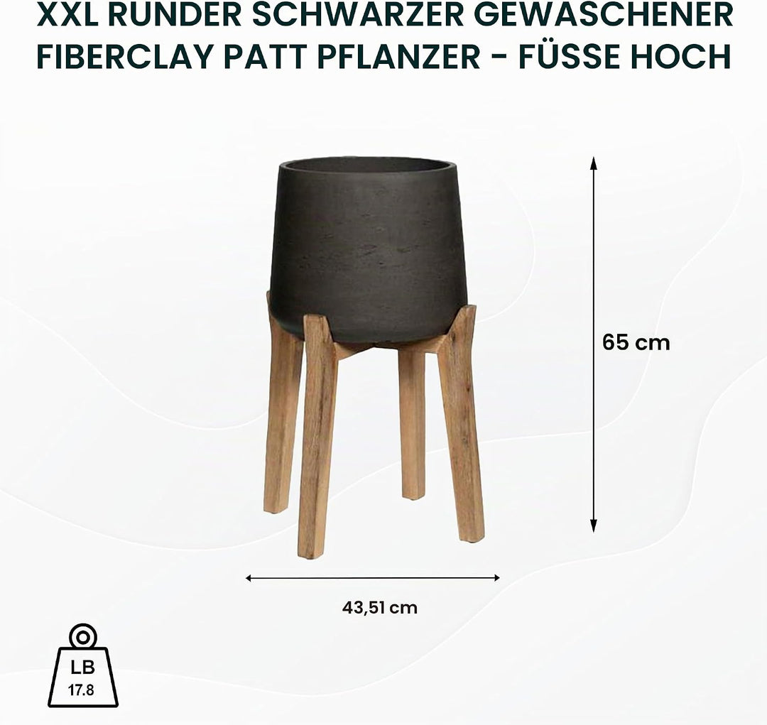 Finestgreen Patt Feet High | Handgefertigtes Pflanzgefäss auf Holzfüssen (XXL Ø:43,5 H:65 cm, Schwar