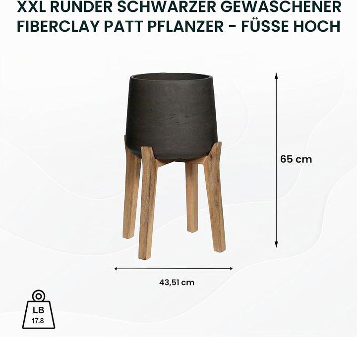 Finestgreen Patt Feet High | Handgefertigtes Pflanzgefäss auf Holzfüssen (XXL Ø:43,5 H:65 cm, Schwar