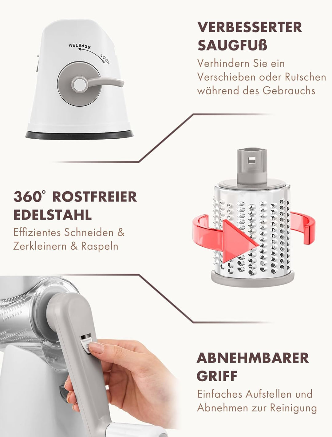 GDL Käsereibe mit Kurbel, Aktualisiert Reibe für Gemüse mit 5 Trommelblättern, Trommelreibe Gemüsesc