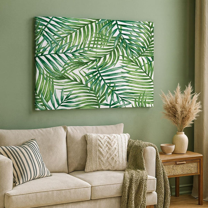 Bilder auf Leinwand 100x70cm Leinwandbild mit Rahmen Palme Blatt grün Gross Wanddeko Bild Schlafzimm