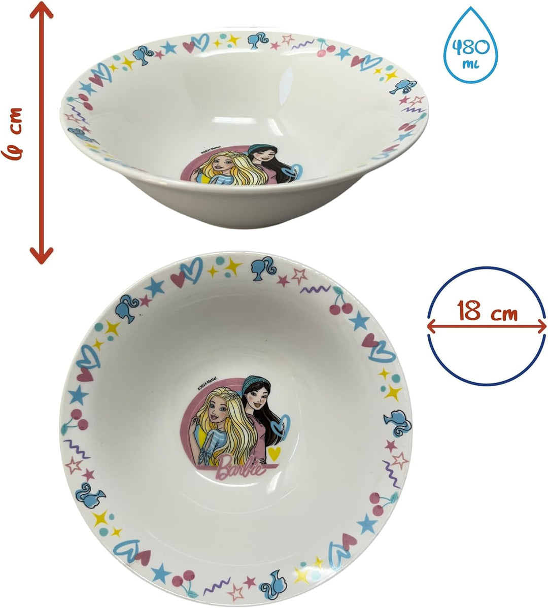 CARTOON Set 3-teilig aus Keramik Barbie Tasse Müslischale Teller Kindergeschirr Tischservice im Set,