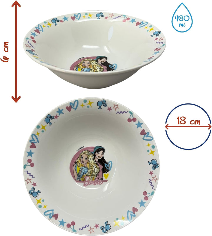 CARTOON Set 3-teilig aus Keramik Barbie Tasse Müslischale Teller Kindergeschirr Tischservice im Set,