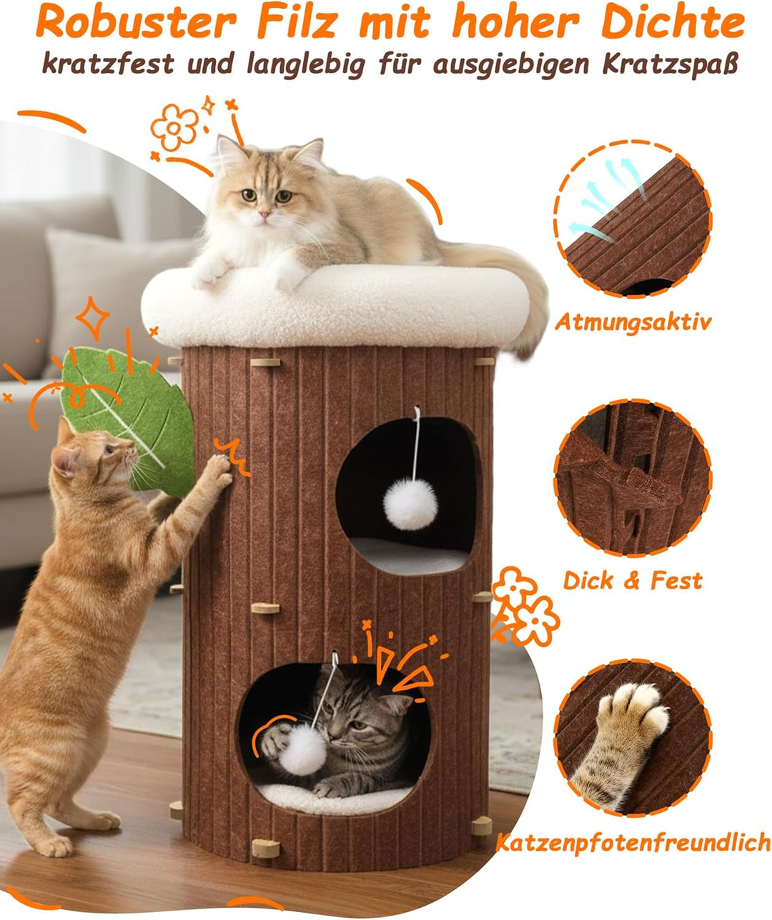 3-stöckige Kratztonne für Katzen -Kratzbaum mit Kratzbrett &amp; 3 Matten, Spieltonne für Katzen bis 20