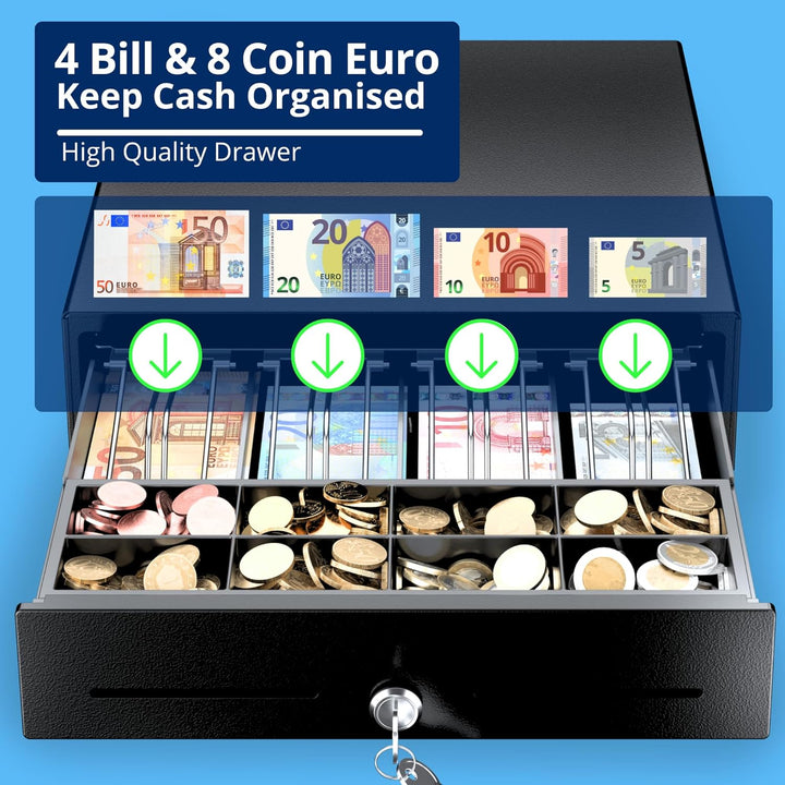 Automatische Kassenschublade 33x33cm, 4 Geldschein-/8 Münzfächer, RJ11/Schlüssel-Öffnung, Ideal für