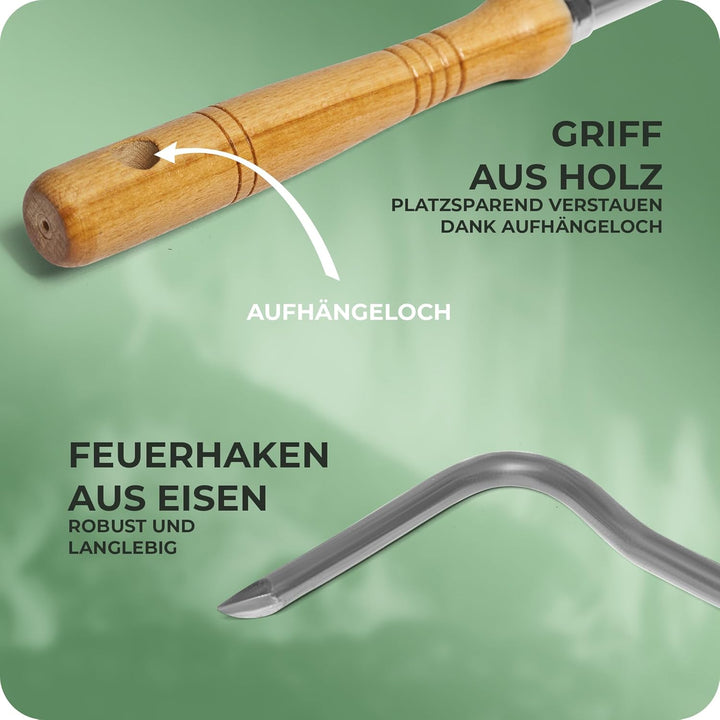 Kaminzubehör Set aus Aschenkratzer Feuerhaken mit Holzgriff Kaminbesteck Schüreisen Schürhaken Glutk