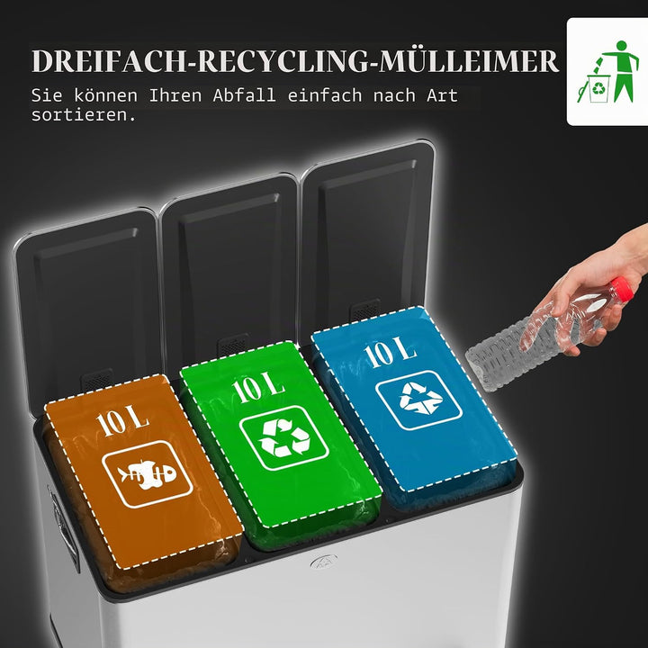 HOMCOM Küchenabfalleimer 3 x 10 l, Abfalltrennsystem aus Edelstahl, 3 Fächer, Pedal, herausnehmbare