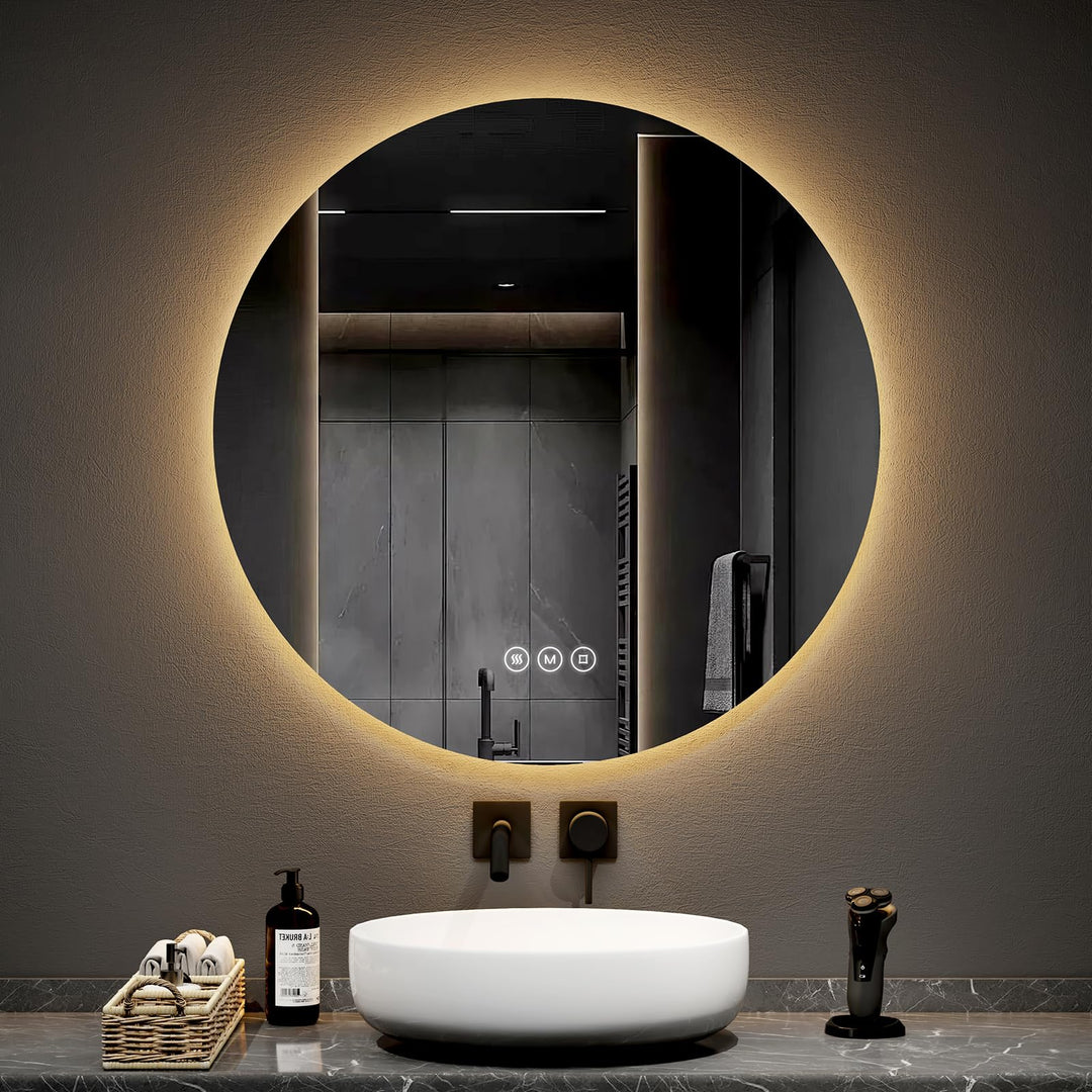 EMKE Badspiegel mit Beleuchtung rund 80cm Durchmesser Badezimmerspiegel mit 3 Lichtfarbe dimmbar, An