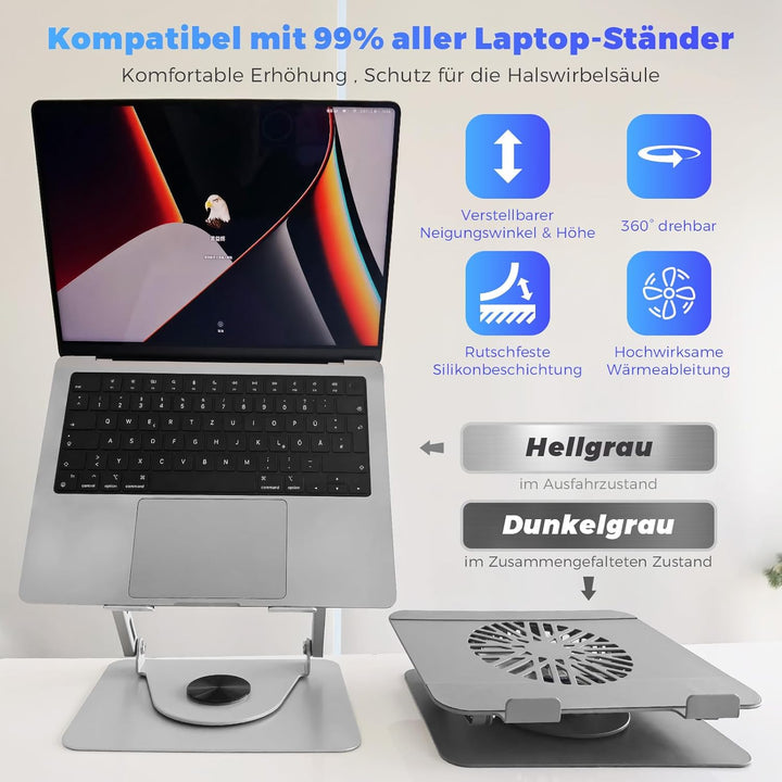 Laptop Ständer aus Aluminium, 360° Drehbar, Faltbar, mit Magnetischem Lüfter für Kühlung, Kompatibel