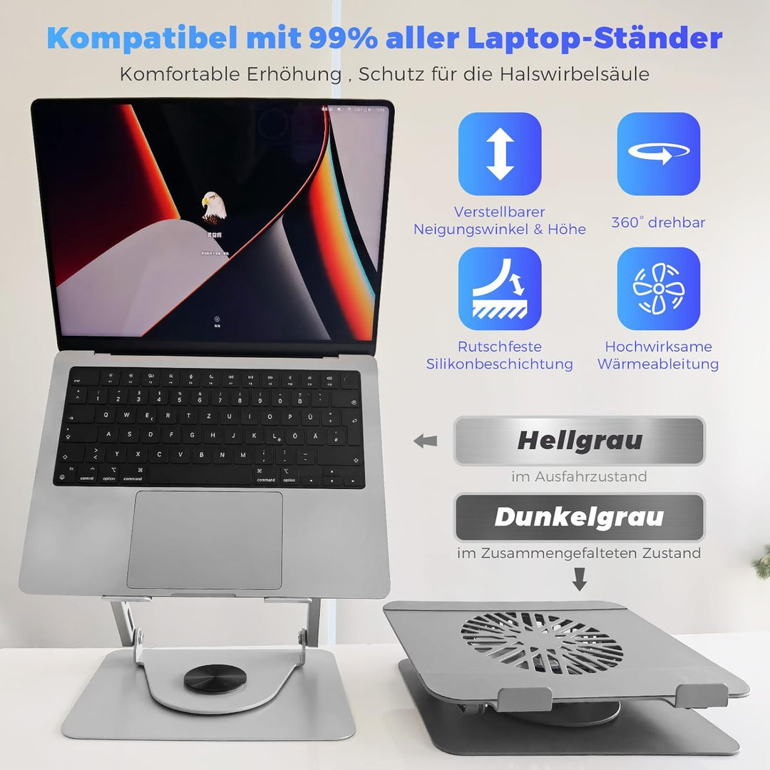 Laptop Ständer aus Aluminium, 360° Drehbar, Faltbar, mit Magnetischem Lüfter für Kühlung, Kompatibel