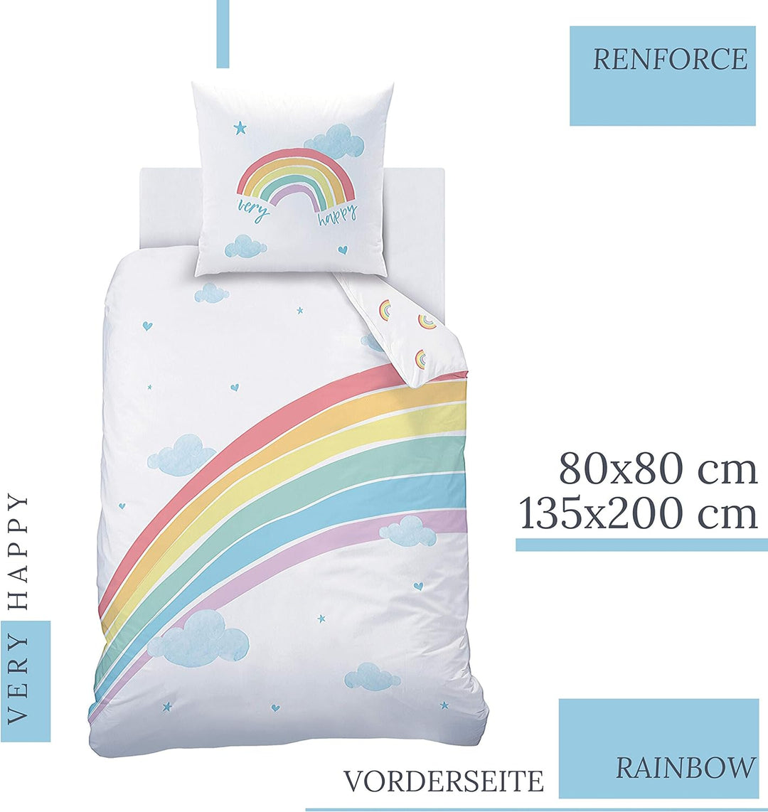 MTOnlinehandel REGENBOGEN Bettwäsche Set · Mädchen-Bettwäsche · Kinderbettwäsche · Very Happy Rainbo