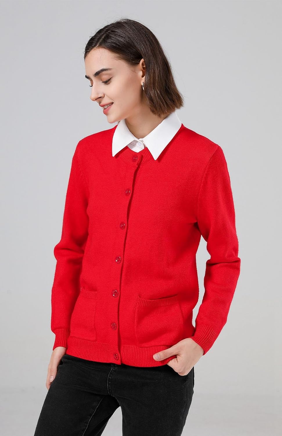 SMILING PINKER Damen Strickjacke Langarm Cardigan Warm Rundhals Strickweste Jacke mit Knopfleiste un